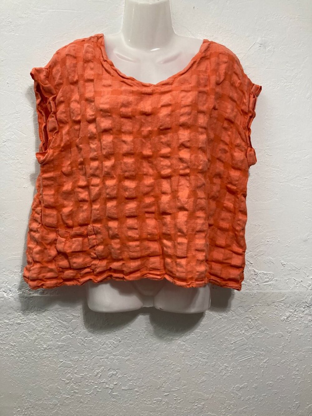 Niche Nilgun Derman Boxy Top Bubble Crinkle Grid Linen Blend Cap Sleeve Orange L